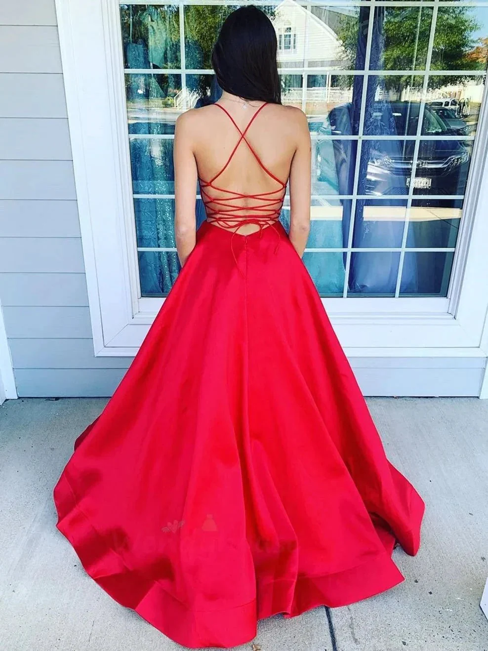 Simple A-line V Neck Backless Satin Long Formal Prom Dresses with Pockets - Image 2