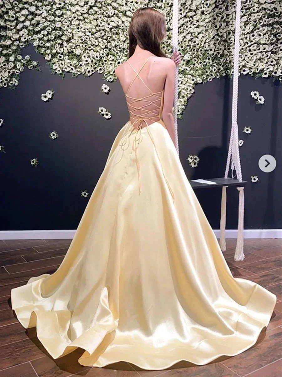 Simple A Line V Neck Backless Satin Long Prom Formal Dresses - Image 2