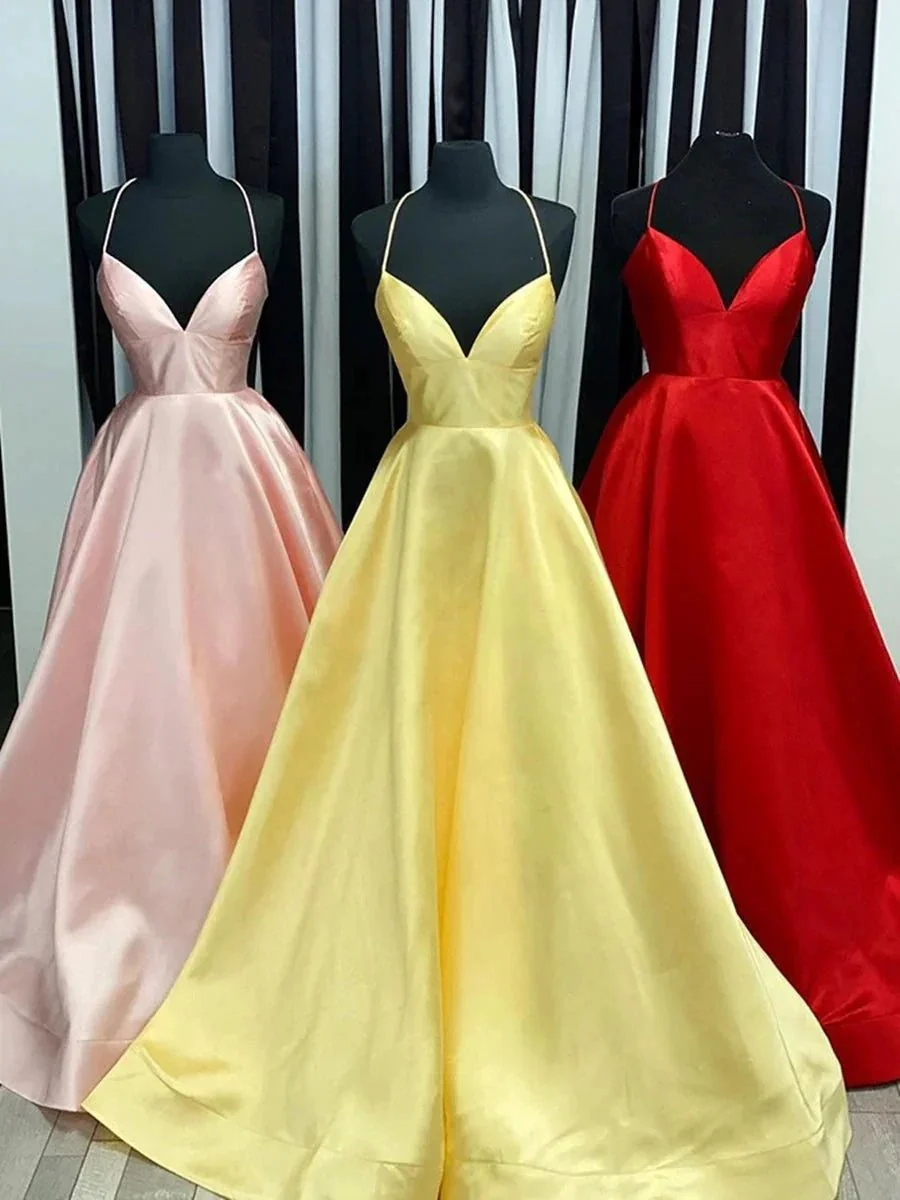 Simple A Line V Neck Backless Satin Long Prom Formal Evening Dresses - Image 3