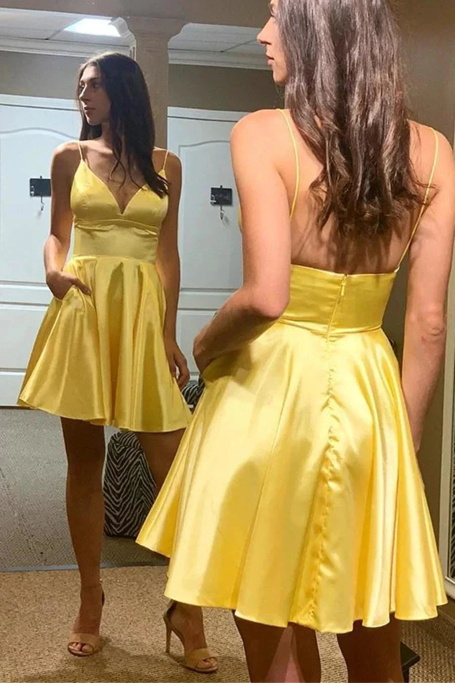 Simple A-line V Neck Backless Yellow Satin Short Prom Homecoming Dresses with Pockets - Image 2