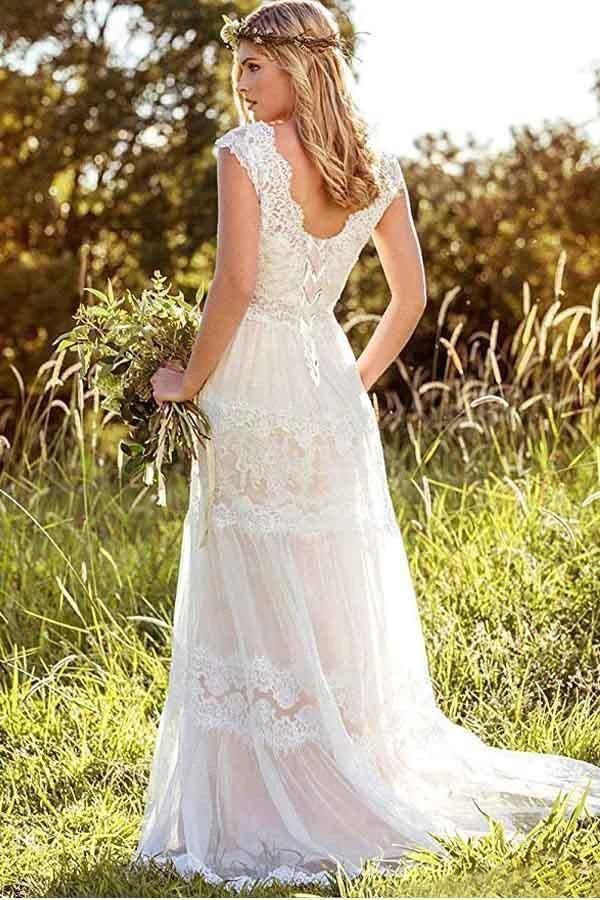 Simple A-Line V-Neck Bohemian Lace Rustic Bridal Gown Wedding Dress WD434 - Image 2