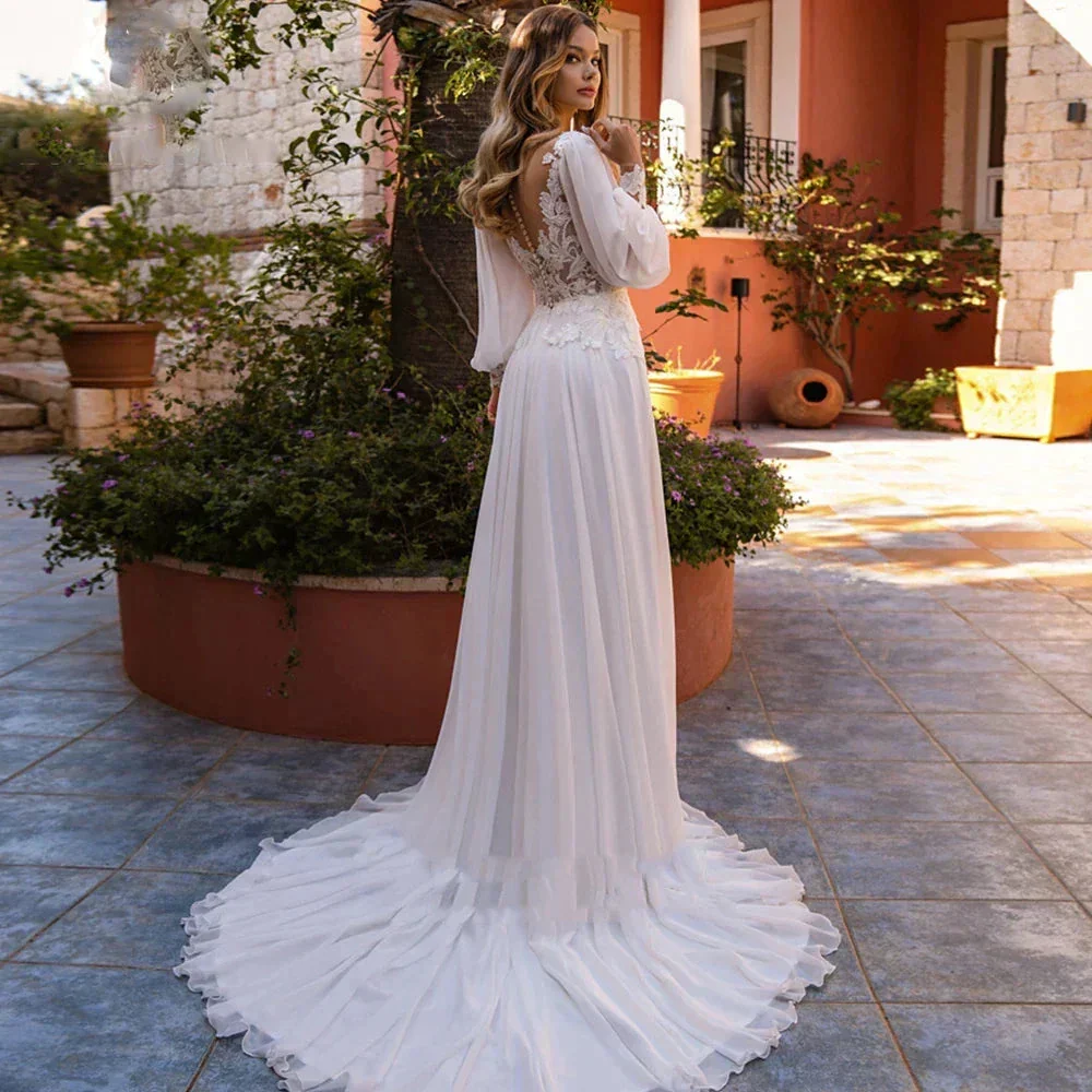 Simple A-Line V-neck Chiffon Wedding Dress Women's Elegant Decal Back Button Design Bridal Gowns Beach Party Welcome Vestido Nov - Image 2
