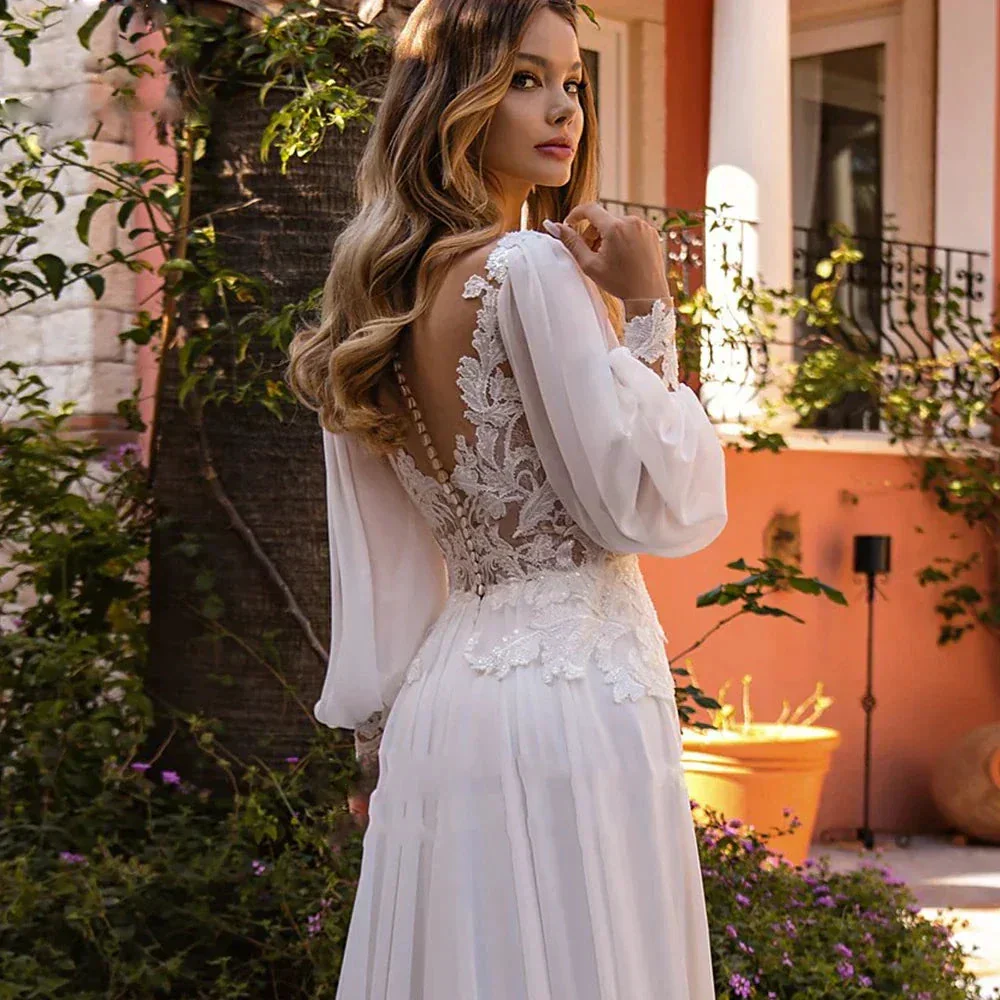 Simple A-Line V-neck Chiffon Wedding Dress Women's Elegant Decal Back Button Design Bridal Gowns Beach Party Welcome Vestido Nov - Image 3