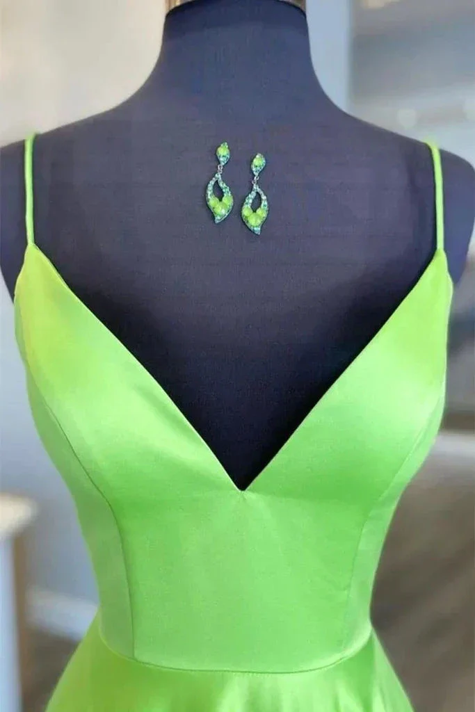 Simple A Line V Neck Green Satin Long Prom Dress, V Neck Green Formal Graduation Evening Dress Y215 - Image 2