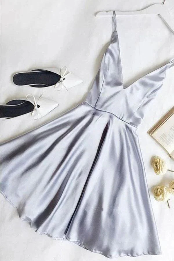 Simple A Line V Neck Light Blue Satin Homecoming Dresses with Pockets PD258 - Image 2