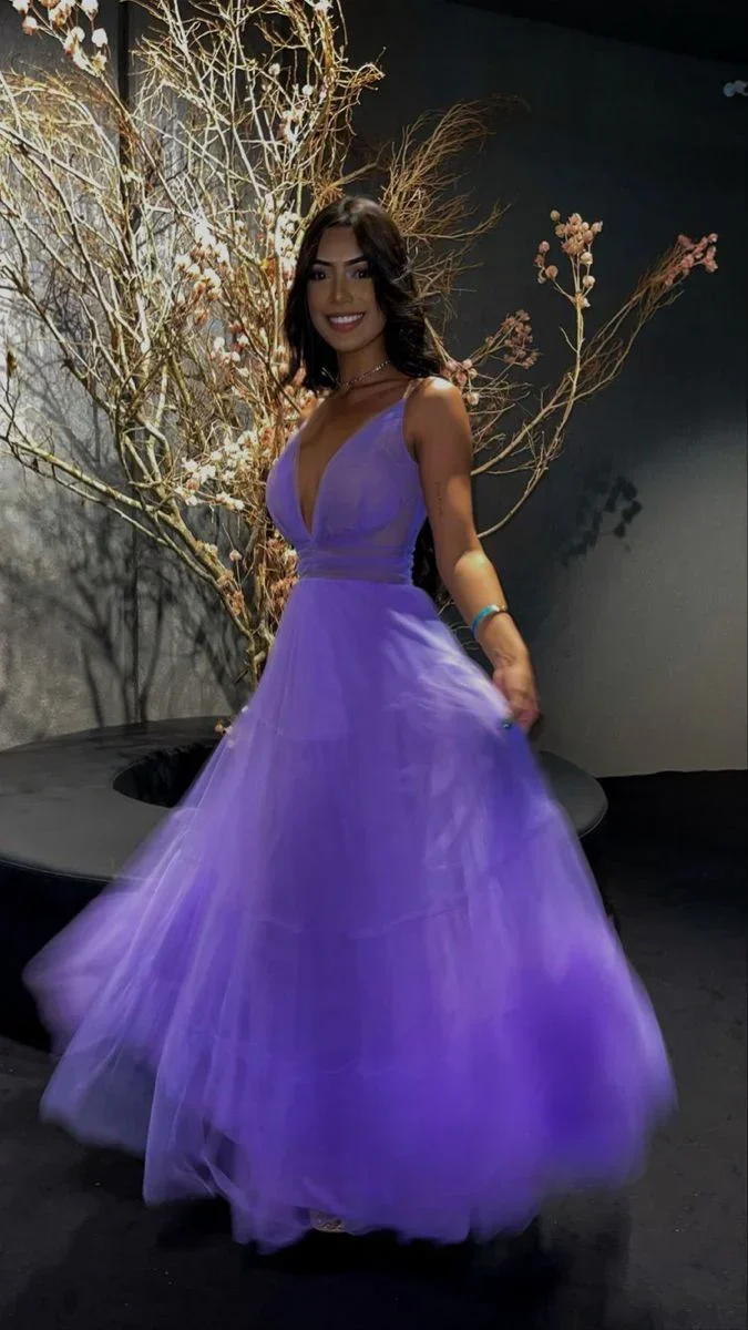 Simple A-line V Neck Purple Long Evening Dress Y5098 - Image 2