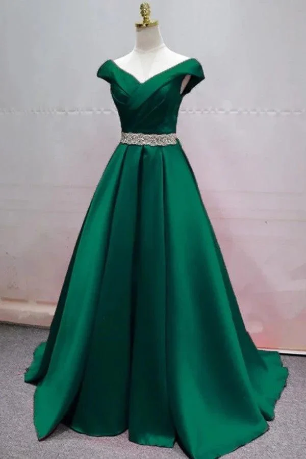 Simple A-line V-neck Satin Long Prom Dress With Crystal Sash - Image 2