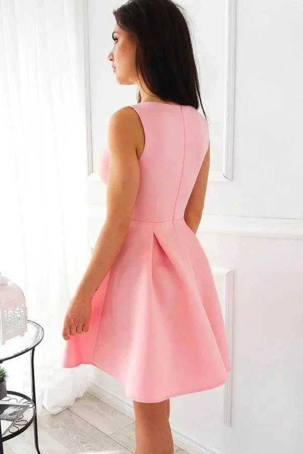 Simple A-Line V-Neck Short Pleated Pink Satin Homecoming Dress PD099 - Image 2