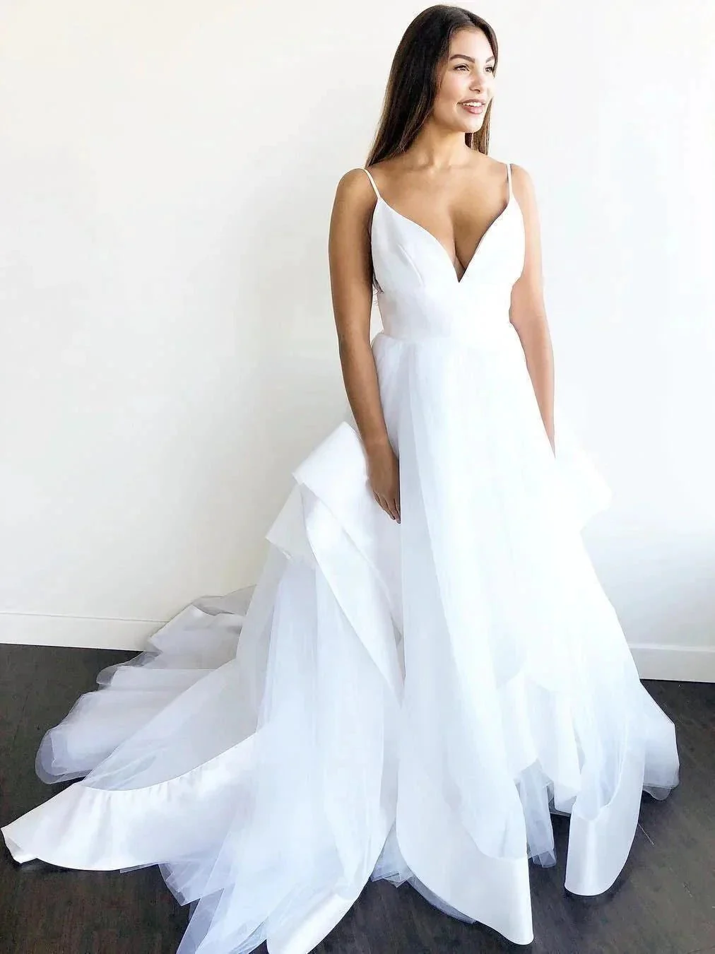 Simple A-line V Neck Straps Ivory Long Wedding Dress with Backless WD275 - Image 2