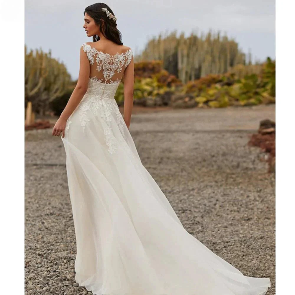 Simple A Line Wedding Dresses 2023 Sexy V Neck Sleeveless Lace Appliques Sweep Train For Women Bridal Gowns Buttons Back Robes - Image 2