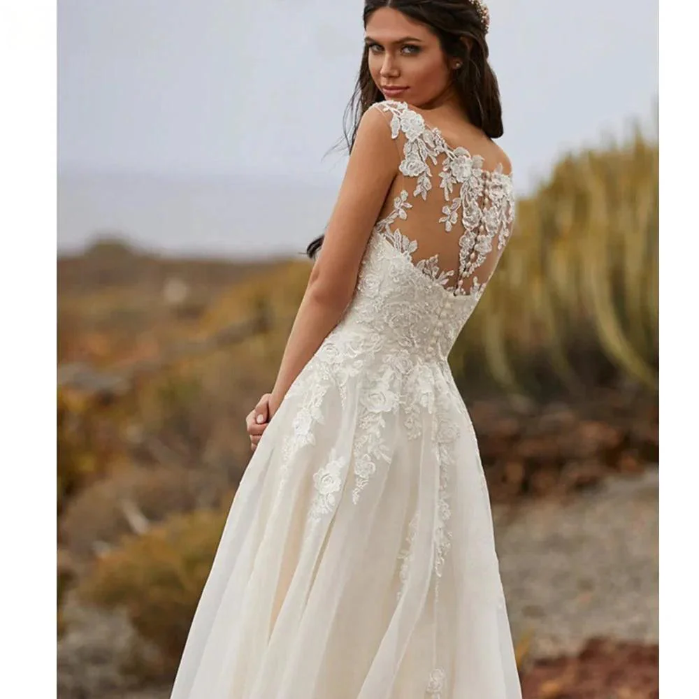 Simple A Line Wedding Dresses 2023 Sexy V Neck Sleeveless Lace Appliques Sweep Train For Women Bridal Gowns Buttons Back Robes - Image 3