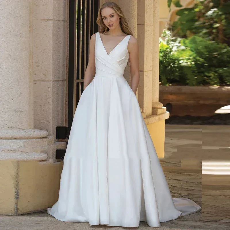 Simple A-Line Wedding Dresses With Pockets Classic V-Neck Sleeveless Backless Satin Bridal Gown Vestidos De Novia New - Image 2