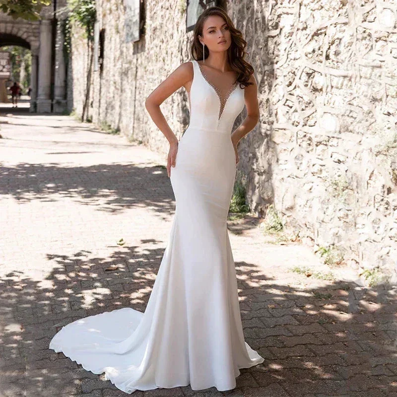 Simple And Elegant Mermaid Wedding Gauze V-Neck Sleeveless White Sweeping Train Satin Bride Gowns With Buttons Vestido De - Image 3