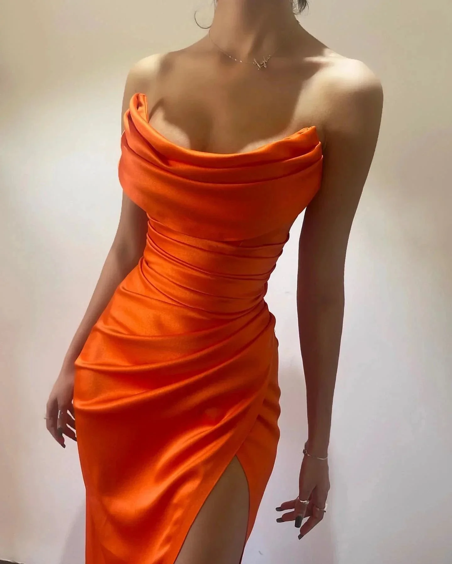 Simple Ankle Length Strapless Sexy Prom Dresses With Slit - Image 7