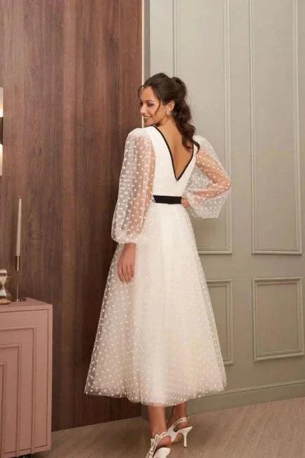 Simple Ankle-Length V-neck Wedding Dresses With Long Sleeves - Image 2