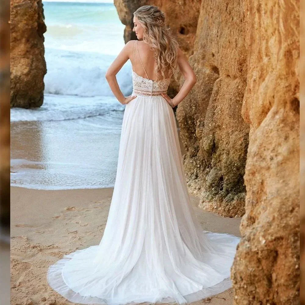 Simple Backless Chiffon V-Neck Bohemian Wedding Dress for Bride Lace Applique Sleeveless Beach Bridal Gown Robe De Mariée - Image 2