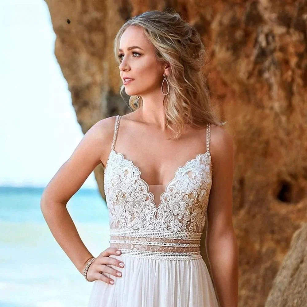 Simple Backless Chiffon V-Neck Bohemian Wedding Dress for Bride Lace Applique Sleeveless Beach Bridal Gown Robe De Mariée - Image 3
