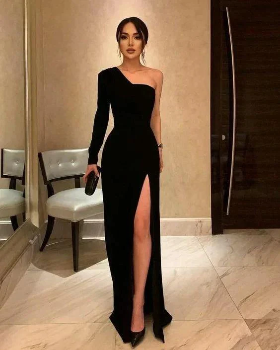 Simple Black Formal One Shoulder Slit Long Prom Dress - Image 2