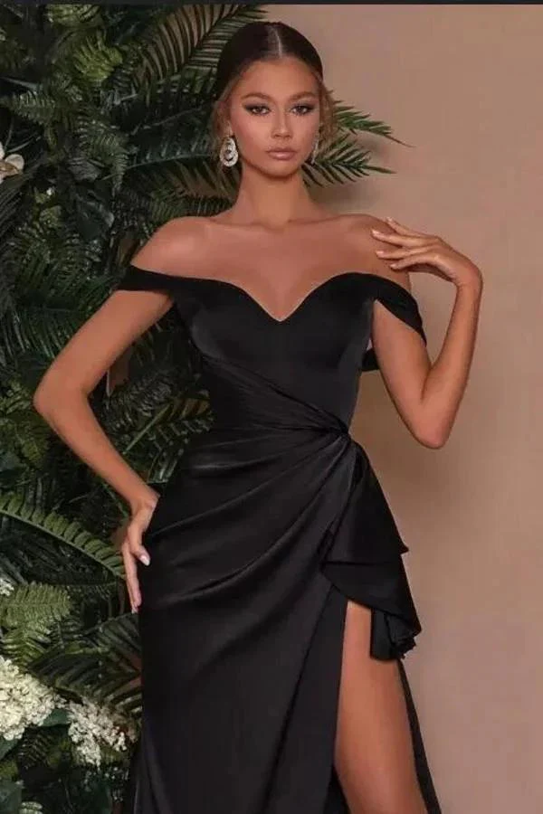 Simple Black Long Mermaid Off-the-shoulder Prom Dress with Slit - Image 2