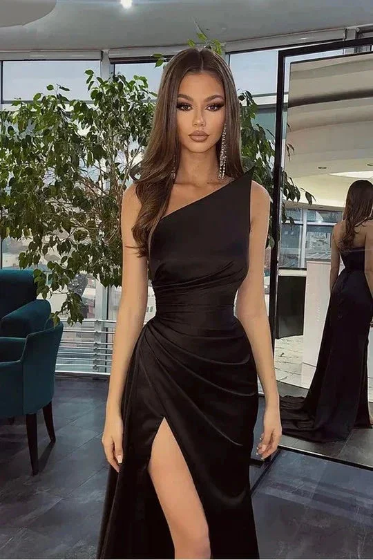 Simple Black Long One Shoulder Slit Mermaid Prom Dresses - Image 2