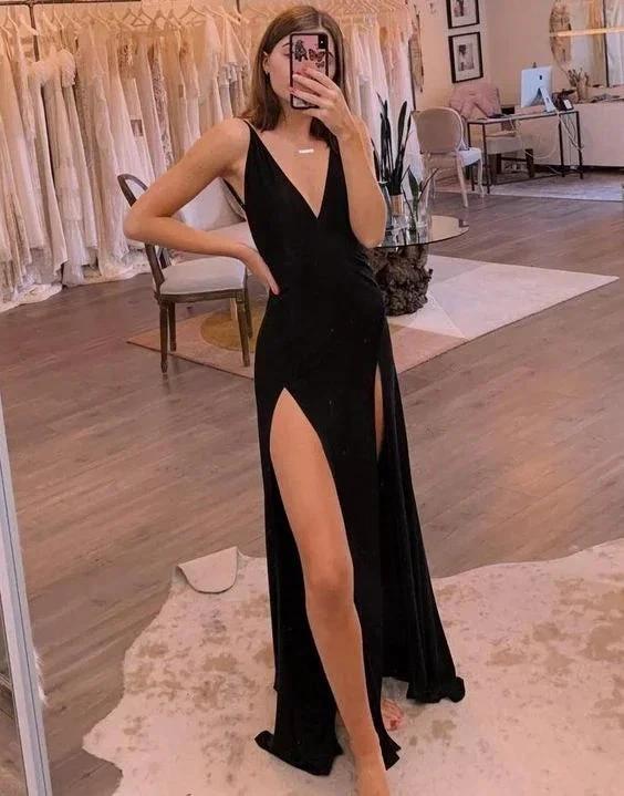 Simple Black Long Prom Dress Side Split Evening Dress Y1017 - Image 2