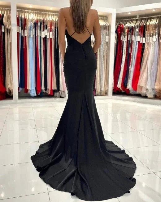 Simple Black Long Spaghetti Straps Mermaid Prom Dresses - Image 2