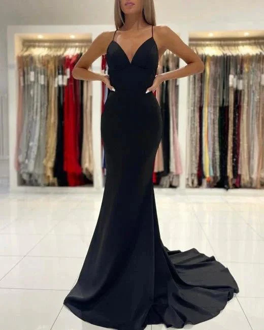 Simple Black Long Spaghetti Straps Mermaid Prom Dresses - Image 4