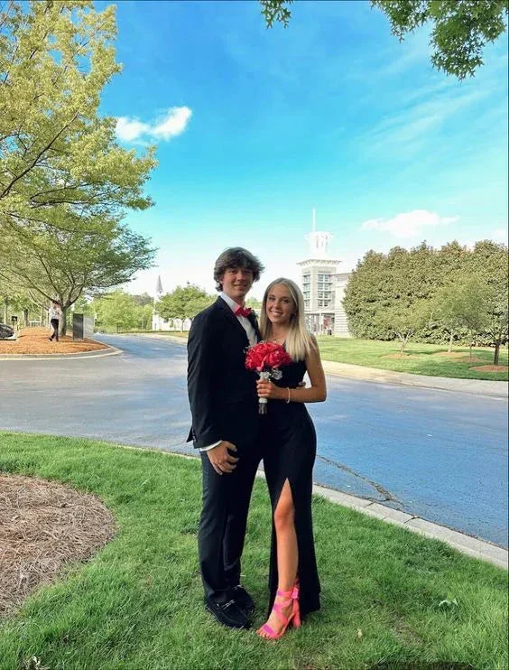 Simple Black Sheath Prom Dress With Split Black Evening Dress Y7388 - Image 2