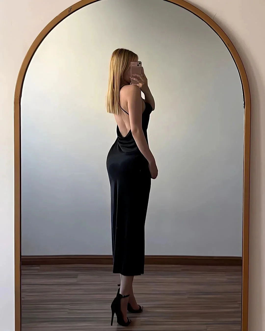 Simple Black Spaghetti Straps Satin Sleeveless Backless Prom Dress - Image 2