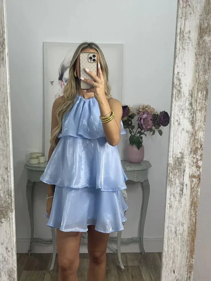 Simple Blue Organza Halter Layered Mini Prom Dress Homecoming Dress Y8089 - Image 2