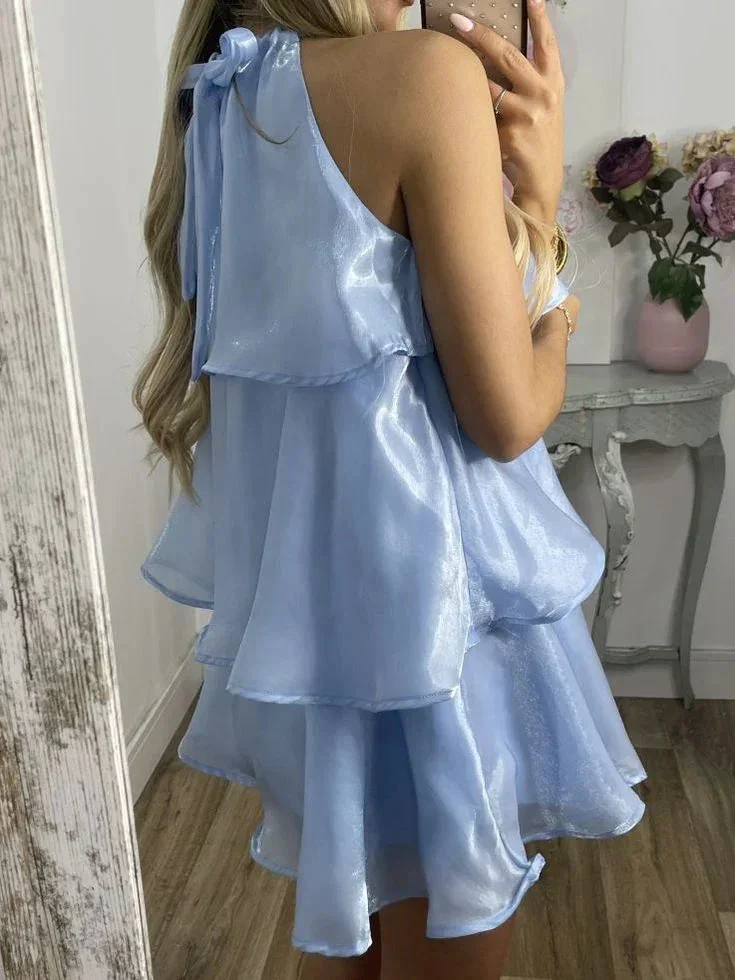 Simple Blue Organza Halter Layered Mini Prom Dress Homecoming Dress Y8089 - Image 3