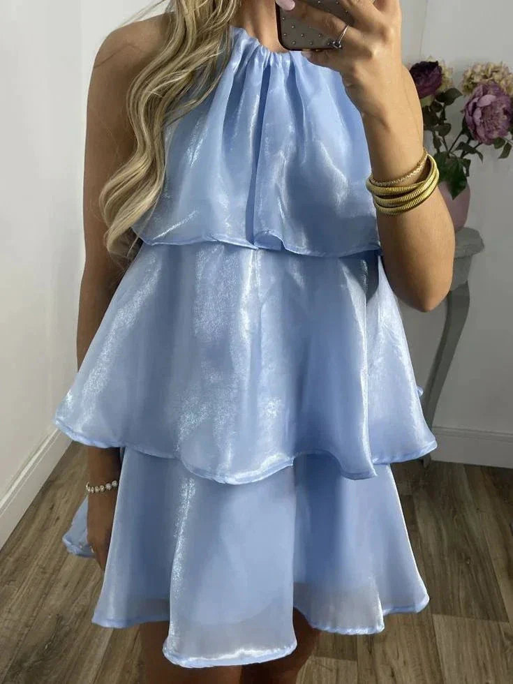 Simple Blue Organza Halter Layered Mini Prom Dress Homecoming Dress Y8089 - Image 4