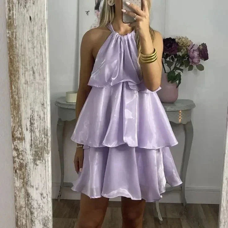 Simple Blue Organza Halter Layered Mini Prom Dress Homecoming Dress Y8089 - Image 6