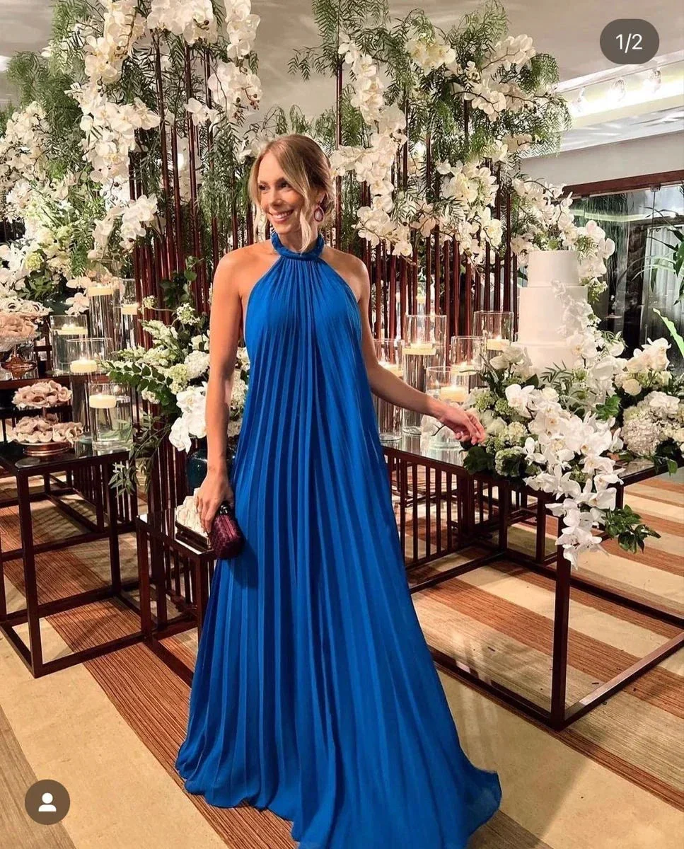 Simple Blue Pleated Evening Dress Vacation Dress Y5113 - Image 2