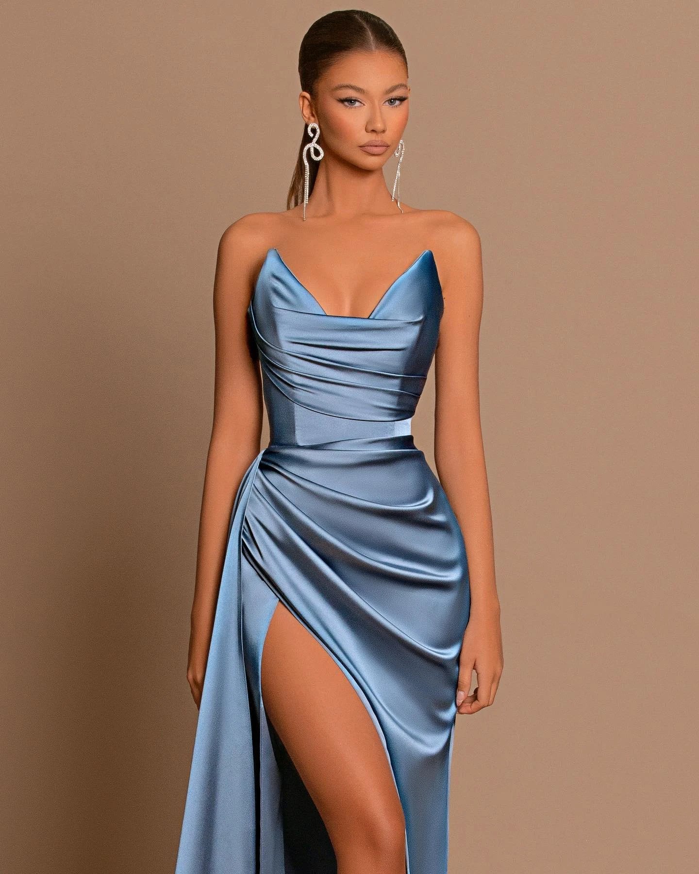 Simple Blue Satin Draped Mermaid Long Prom Dress with Slit - Image 4