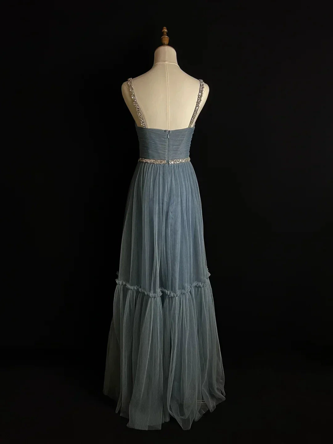 Simple Blue Tulle Beaded A Line Evening Dress Spaghetti Straps V Neck Prom Dress Y8649 - Image 4