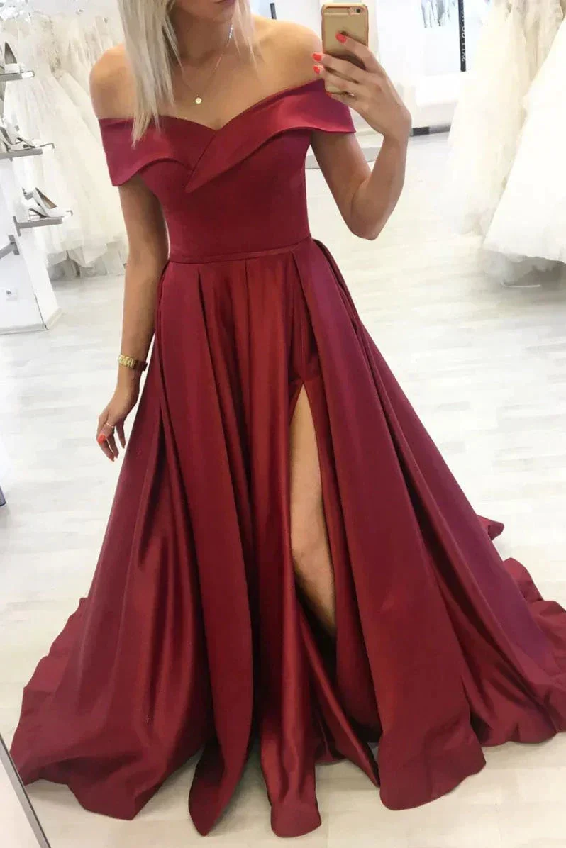 Simple burgundy off shoulder long prom dress burgundy evening dress Y253 - Image 2