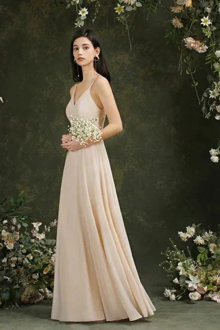 Simple Champagne Spaghetti Straps Sleeveless A-Line Satin Prom Dresses with Ruffles - Image 3