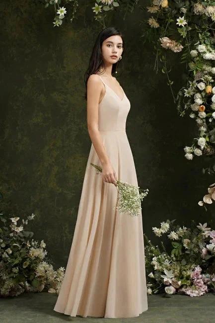 Simple Champagne Spaghetti Straps Sleeveless A-Line Satin Prom Dresses with Ruffles - Image 4