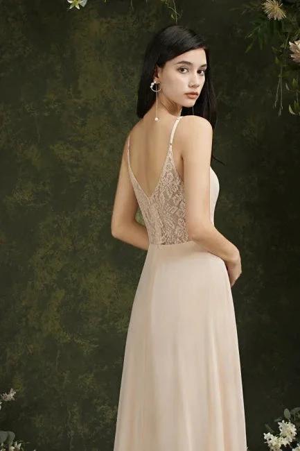 Simple Champagne Spaghetti Straps Sleeveless A-Line Satin Prom Dresses with Ruffles - Image 5