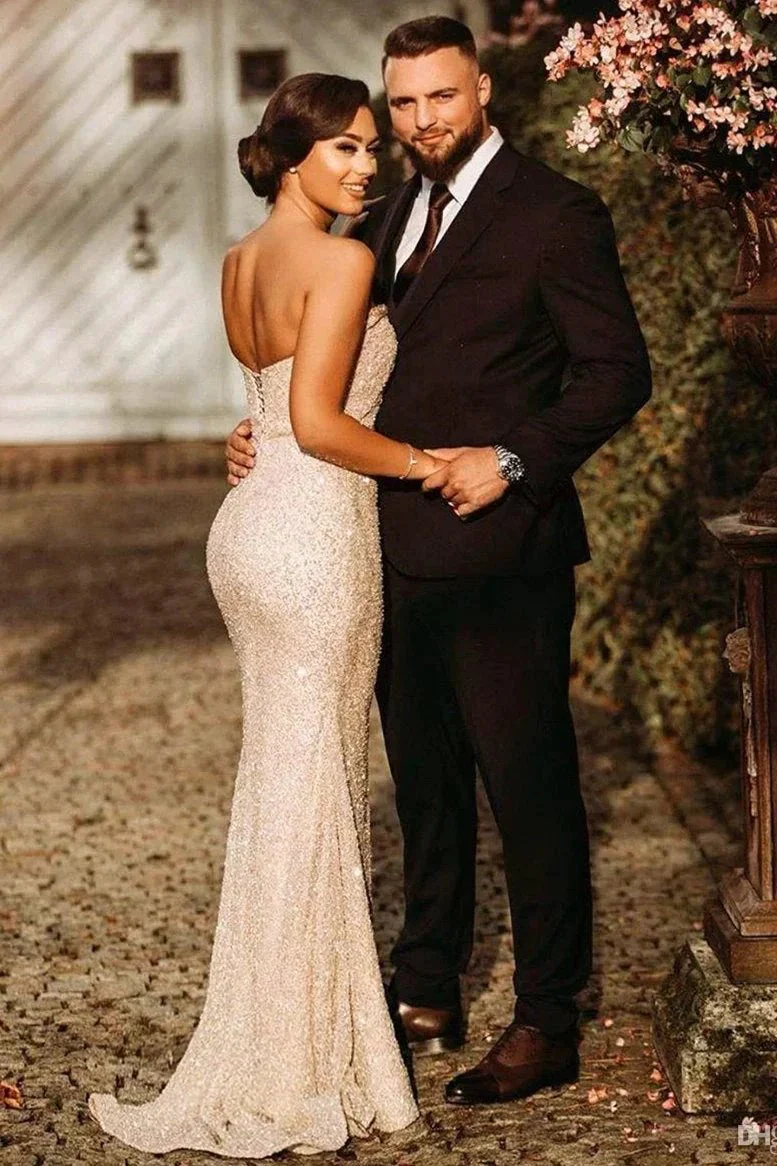 Simple Champagne Strapless Sequins Column Prom Dresses with Slit - Image 2