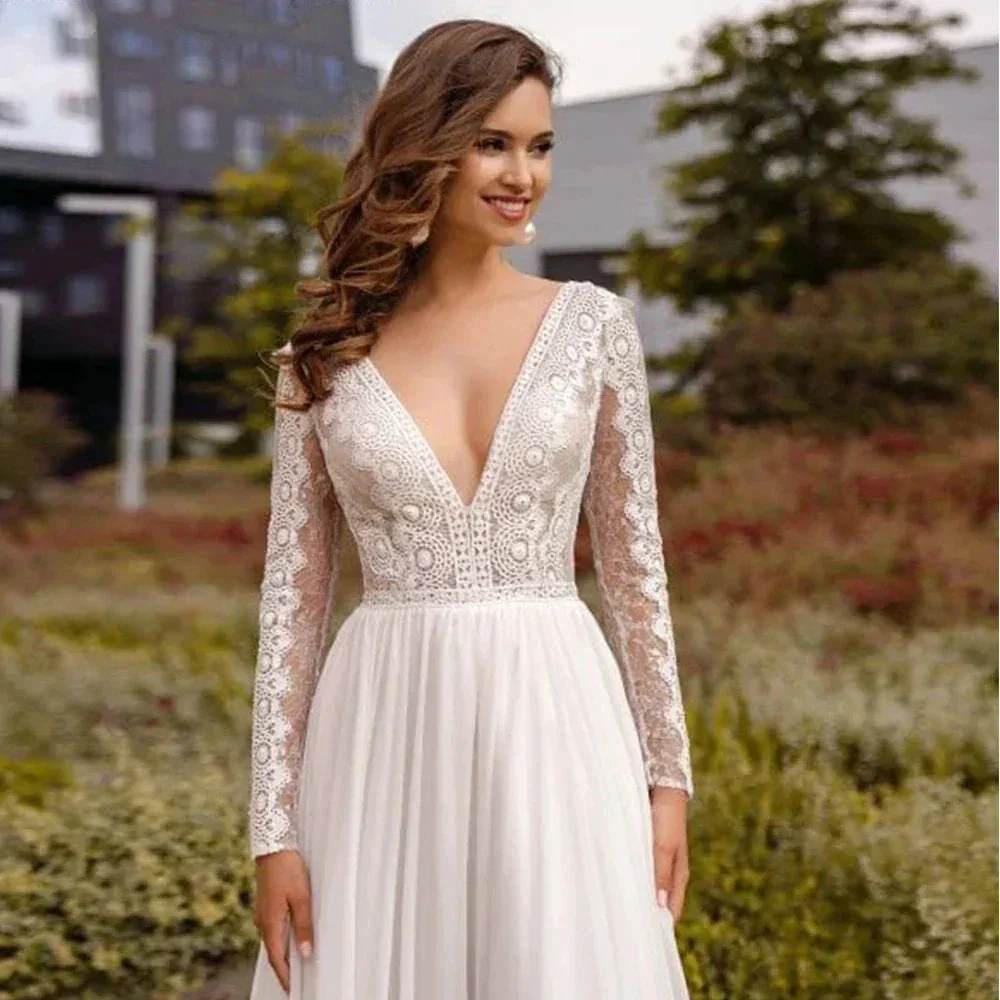 Simple Chiffon Boho Wedding Dresses Deep Sexy V Neck Long Sleeves Flowy Bohemian Bridal Wedding Gowns Backless A Line Robe Maria - Image 2