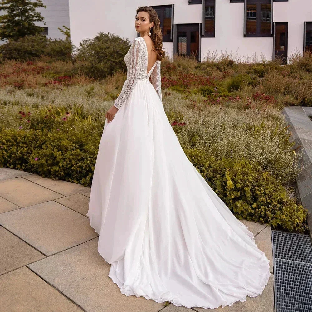 Simple Chiffon Boho Wedding Dresses Deep Sexy V Neck Long Sleeves Flowy Bohemian Bridal Wedding Gowns Backless A Line Robe Maria - Image 3