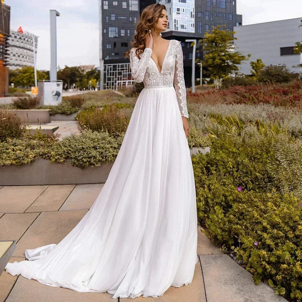 Simple Chiffon Boho Wedding Dresses Deep Sexy V Neck Long Sleeves Flowy Bohemian Bridal Wedding Gowns Backless A Line Robe Maria - Image 4