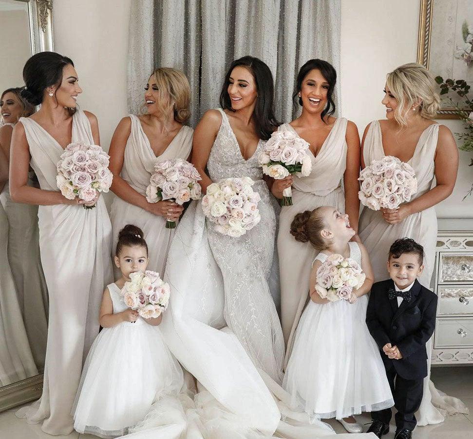 Simple Chiffon V-neck Sweep Train Pleated Bridesmaid Dresses With Slit  BD086 - Image 2