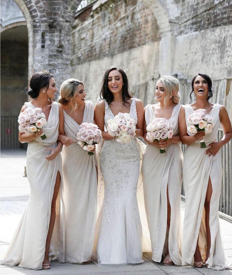 Simple Chiffon V-neck Sweep Train Pleated Bridesmaid Dresses With Slit  BD086 - Image 3