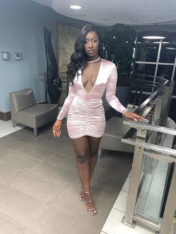 Simple Deep V Neck Pink Homecoming Dress with Long Sleeves Y1945 - Image 2