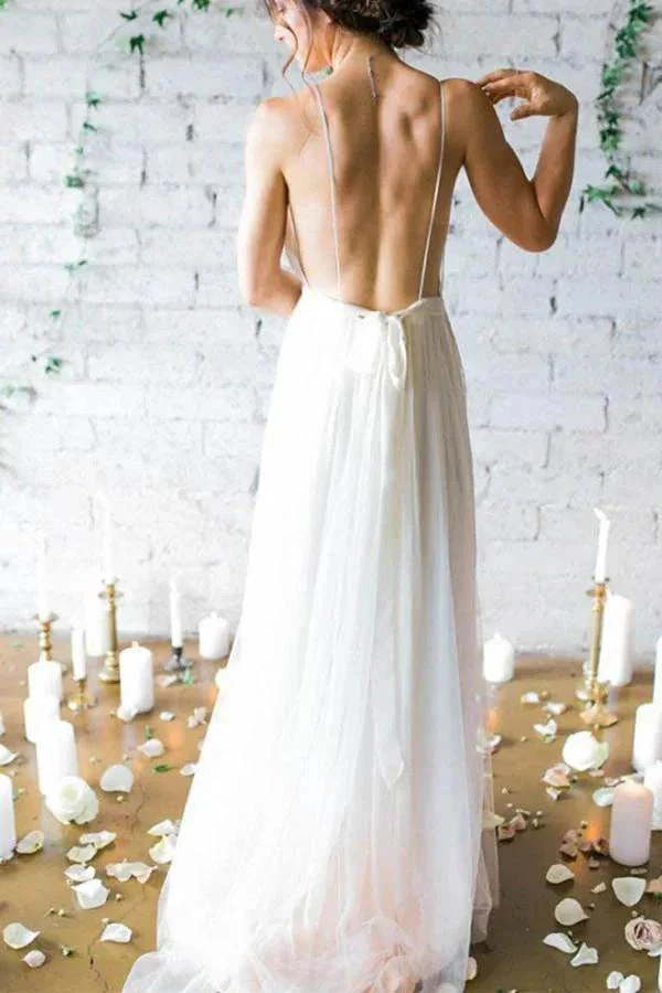 Simple Deep V-neck Sweep Train Ivory Wedding Dresses With Straps WD010 - Image 2