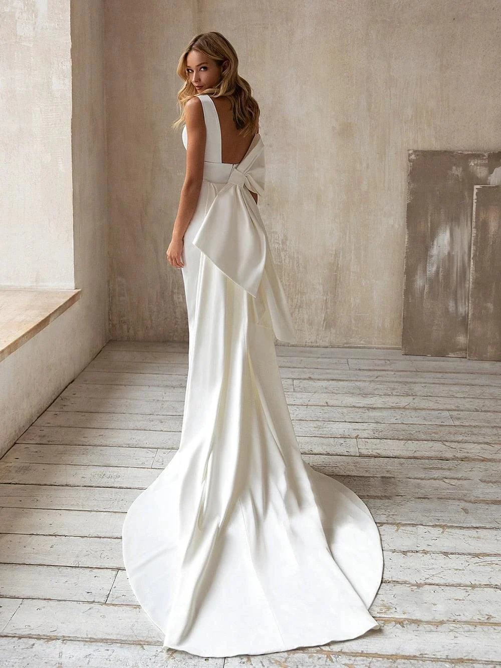 Simple Elegant Satin Mermaid Wedding Dress Detachable Bowknot Overskirt 2025 Bow Bridal GownPlus Size - Image 2