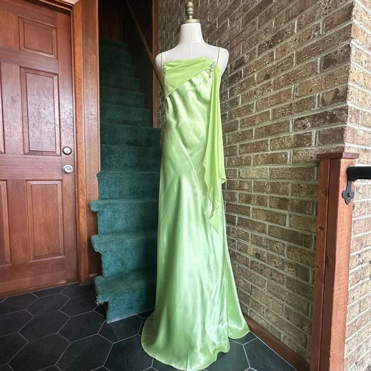 Simple Green Satin Chiffon Evening Dress Long Prom Dress Y8201 - Image 2